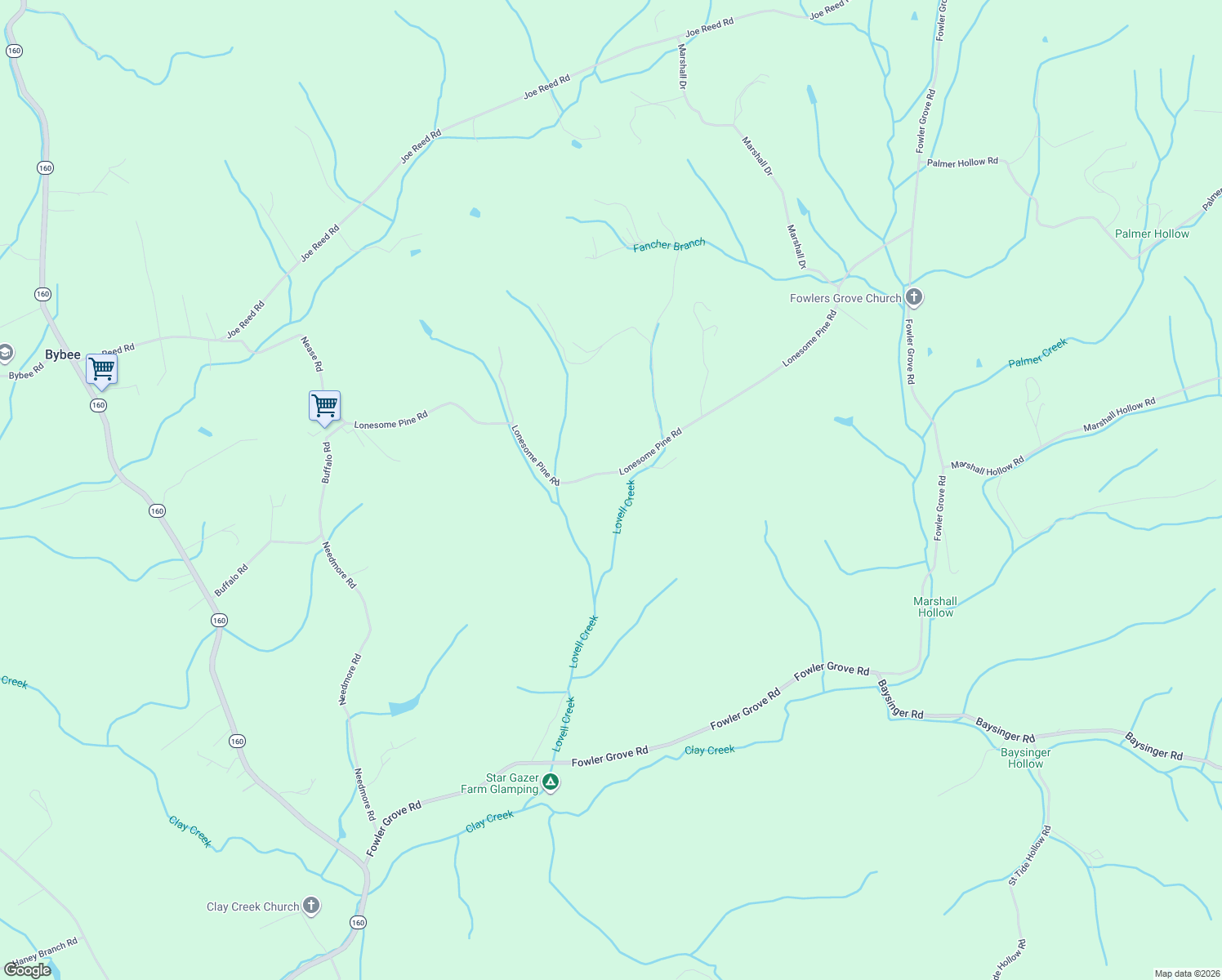 map of restaurants, bars, coffee shops, grocery stores, and more near 496 Lonesome Pine Road in Bybee