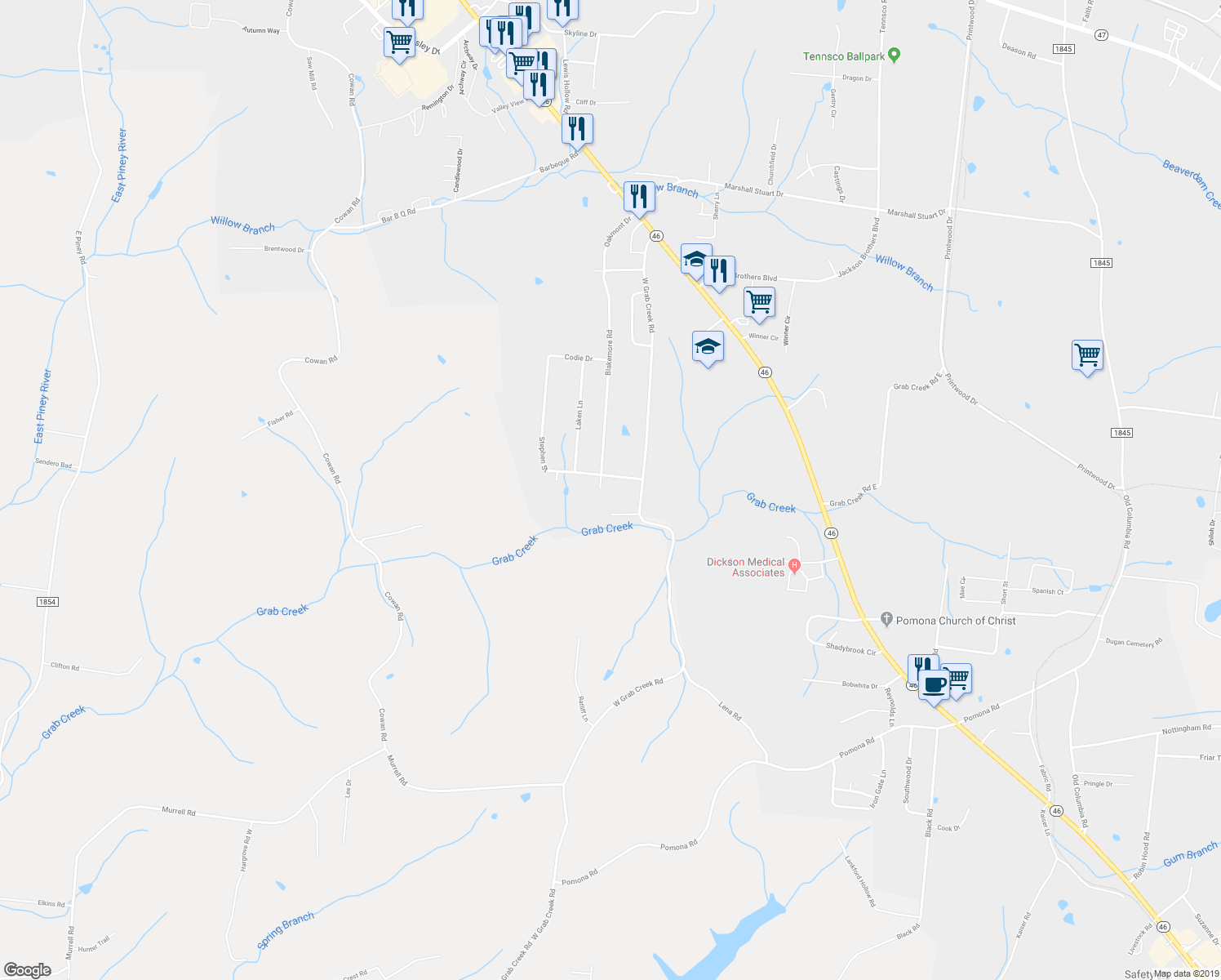 map of restaurants, bars, coffee shops, grocery stores, and more near 833 Blakemore Road in Dickson