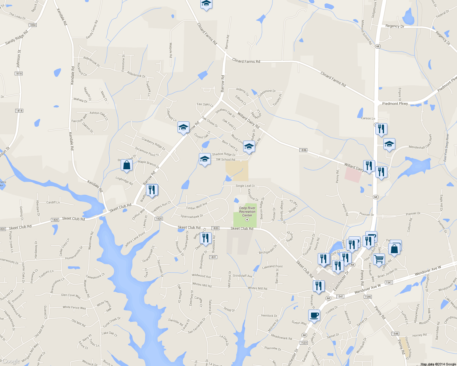 map of restaurants, bars, coffee shops, grocery stores, and more near 3611 Single Leaf Court in High Point