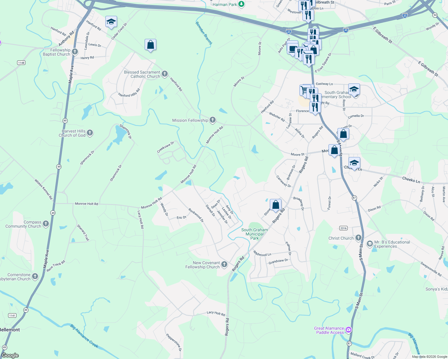 map of restaurants, bars, coffee shops, grocery stores, and more near 720 Thompson Rd in Graham