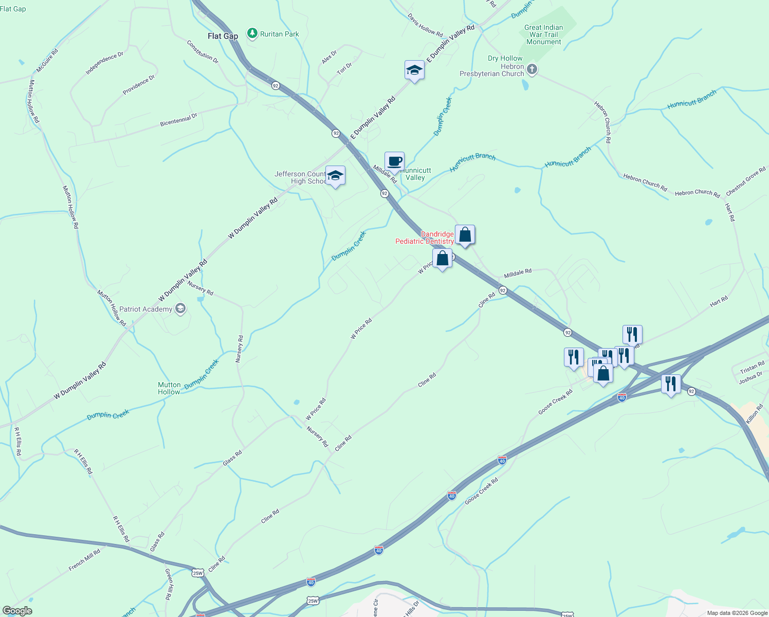 map of restaurants, bars, coffee shops, grocery stores, and more near 208 W Price Rd in Dandridge