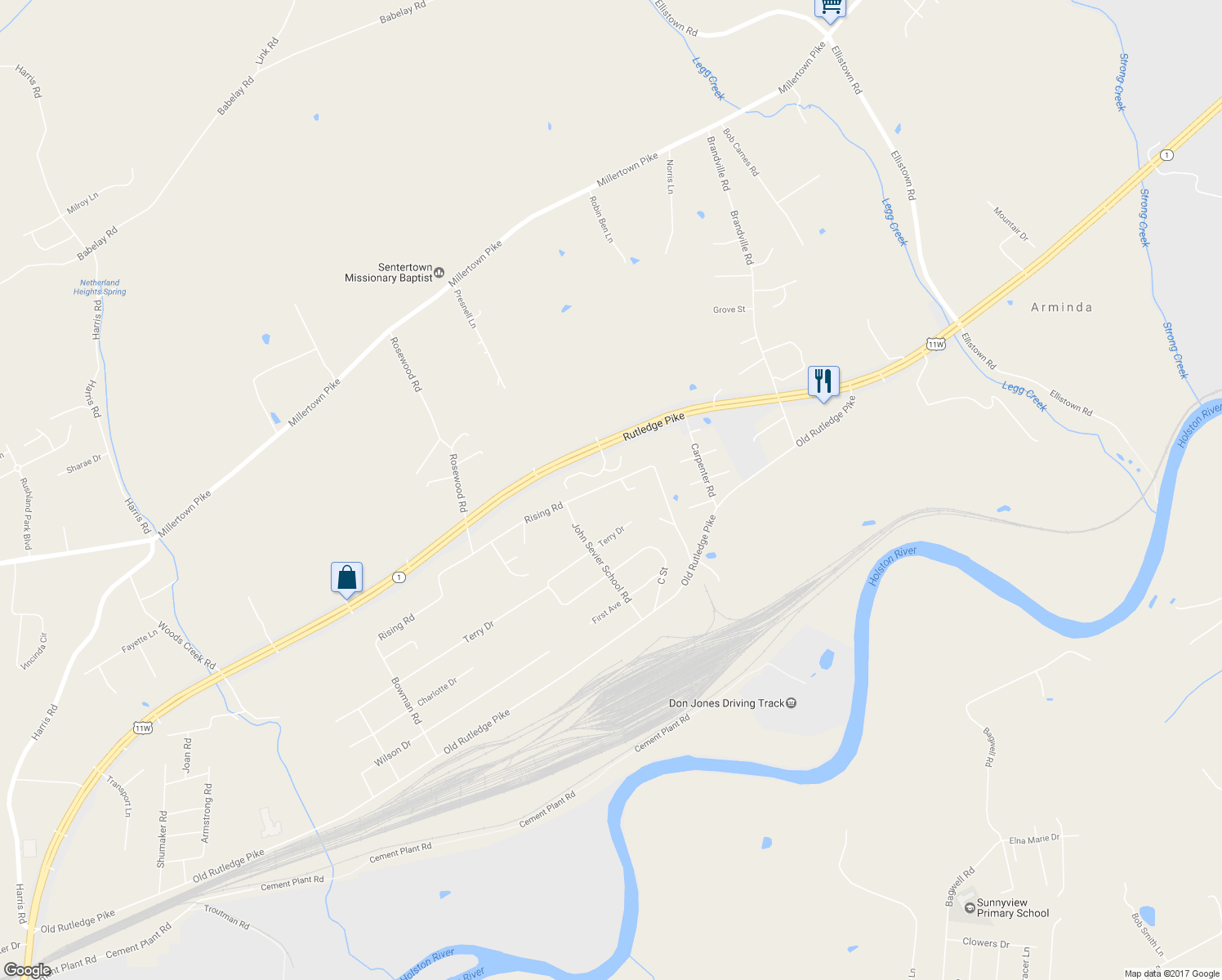 map of restaurants, bars, coffee shops, grocery stores, and more near 7324 Rising Road in Knoxville