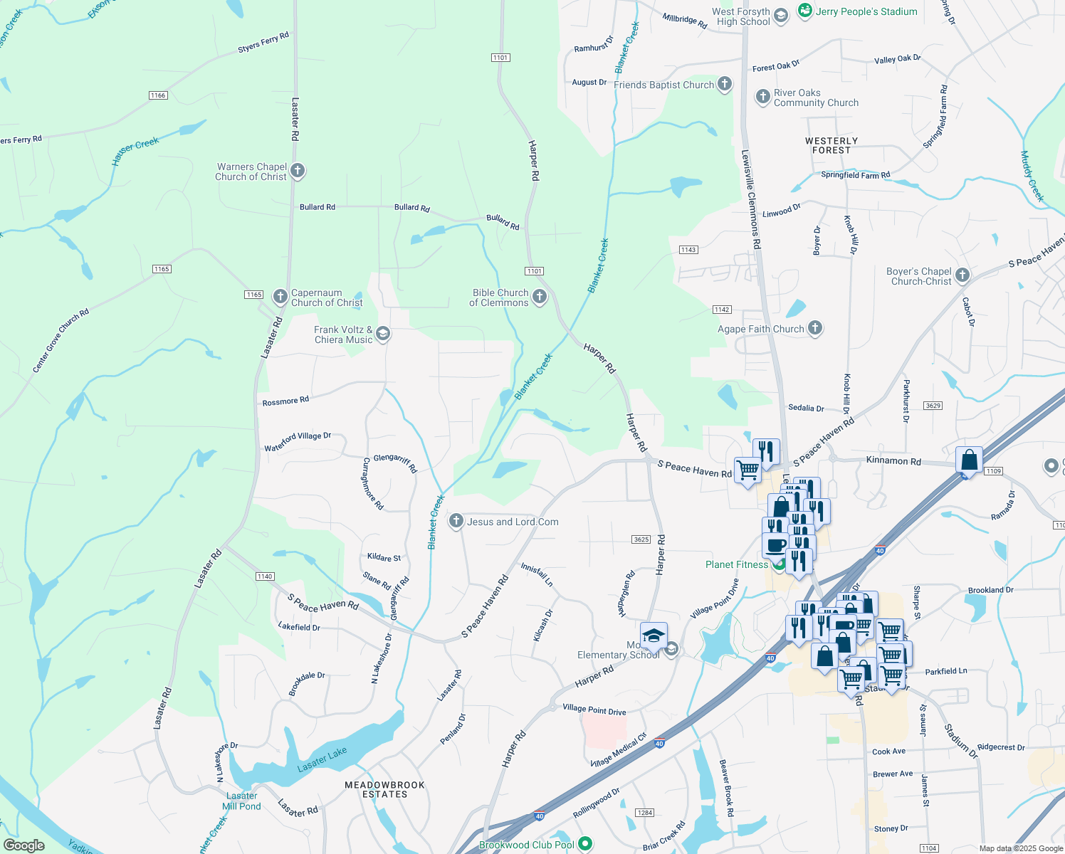 map of restaurants, bars, coffee shops, grocery stores, and more near 2145 Cherrywood Drive in Clemmons