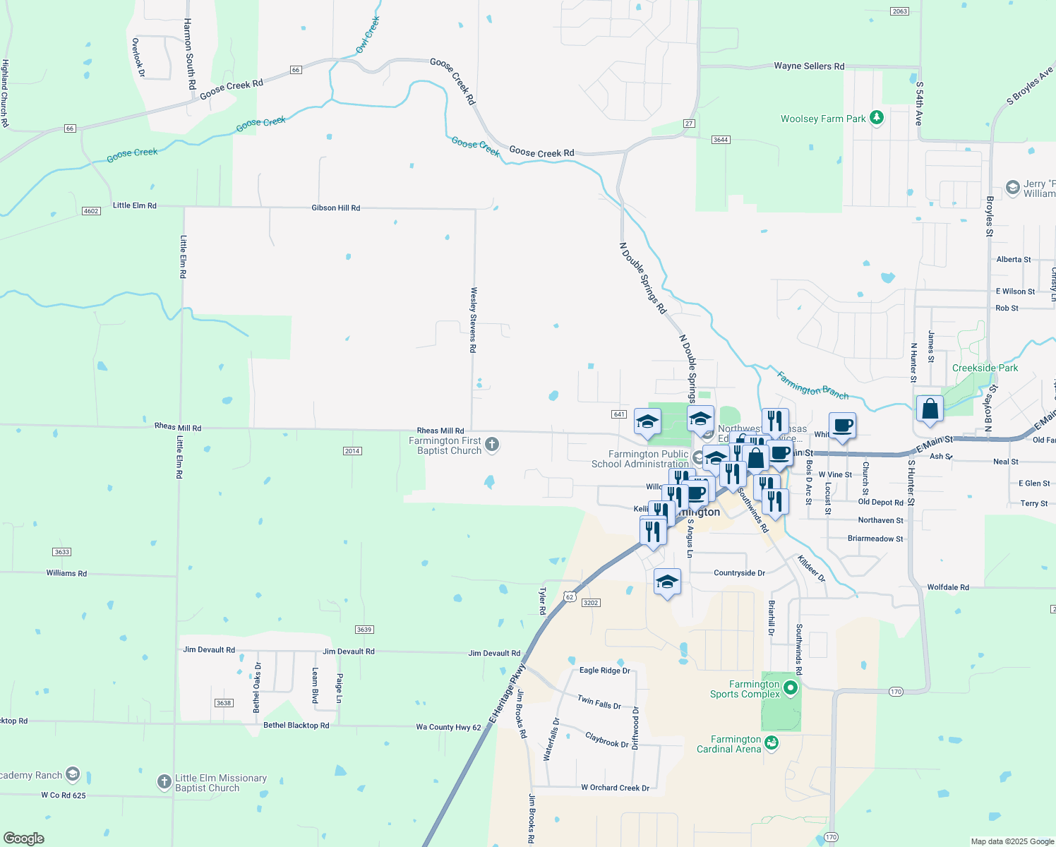 map of restaurants, bars, coffee shops, grocery stores, and more near 530 Rheas Mill Road in Farmington