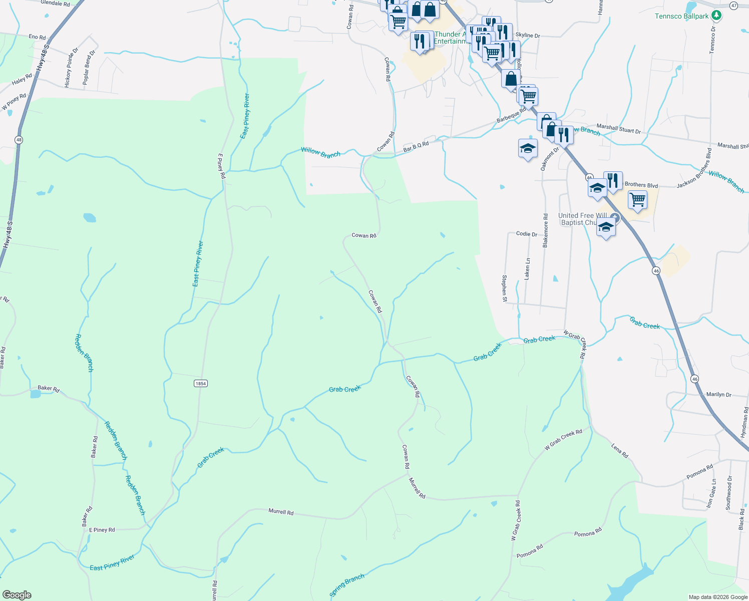 map of restaurants, bars, coffee shops, grocery stores, and more near 1183 Cowan Road in Dickson