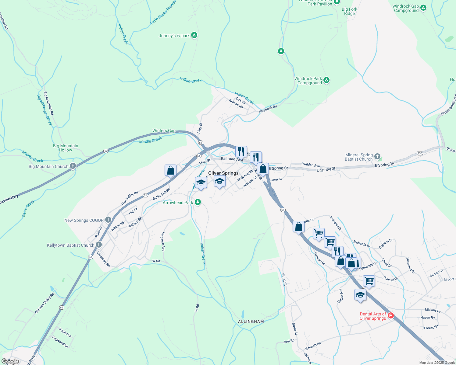 map of restaurants, bars, coffee shops, grocery stores, and more near 405 Winter Gap Rd in Oliver Springs