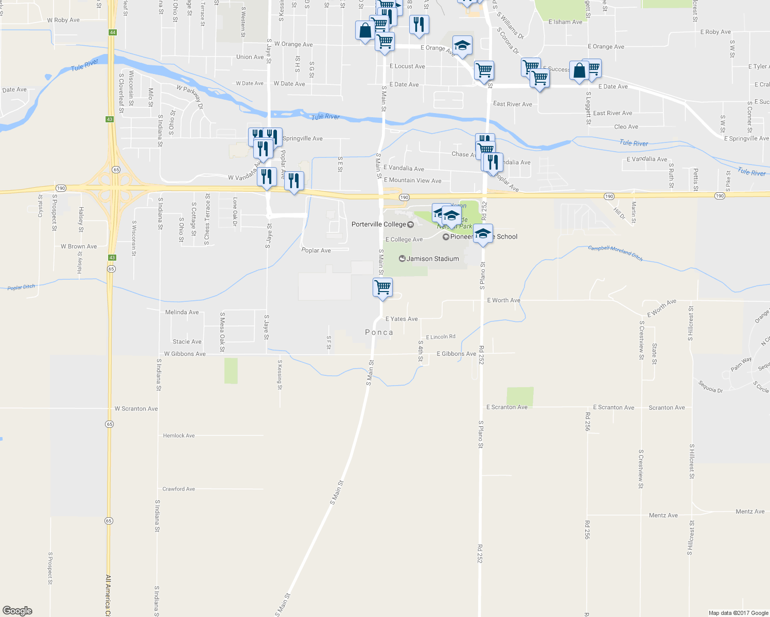 map of restaurants, bars, coffee shops, grocery stores, and more near 1236 South Main Street in Porterville