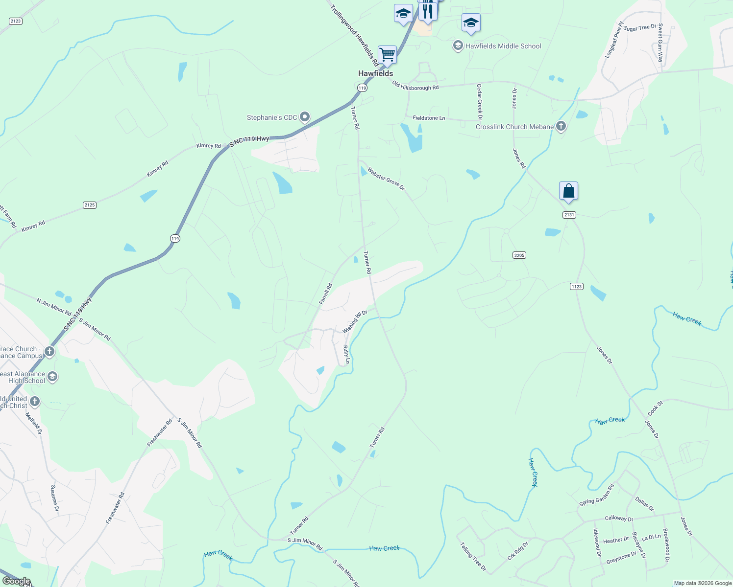 map of restaurants, bars, coffee shops, grocery stores, and more near 2115 Turner Rd in Mebane