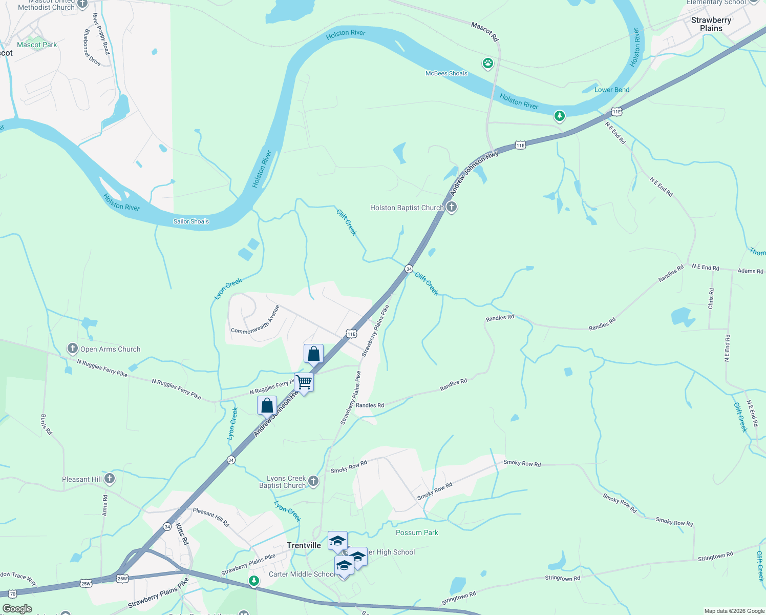 map of restaurants, bars, coffee shops, grocery stores, and more near 816 Andrew Johnson Highway in Strawberry Plains