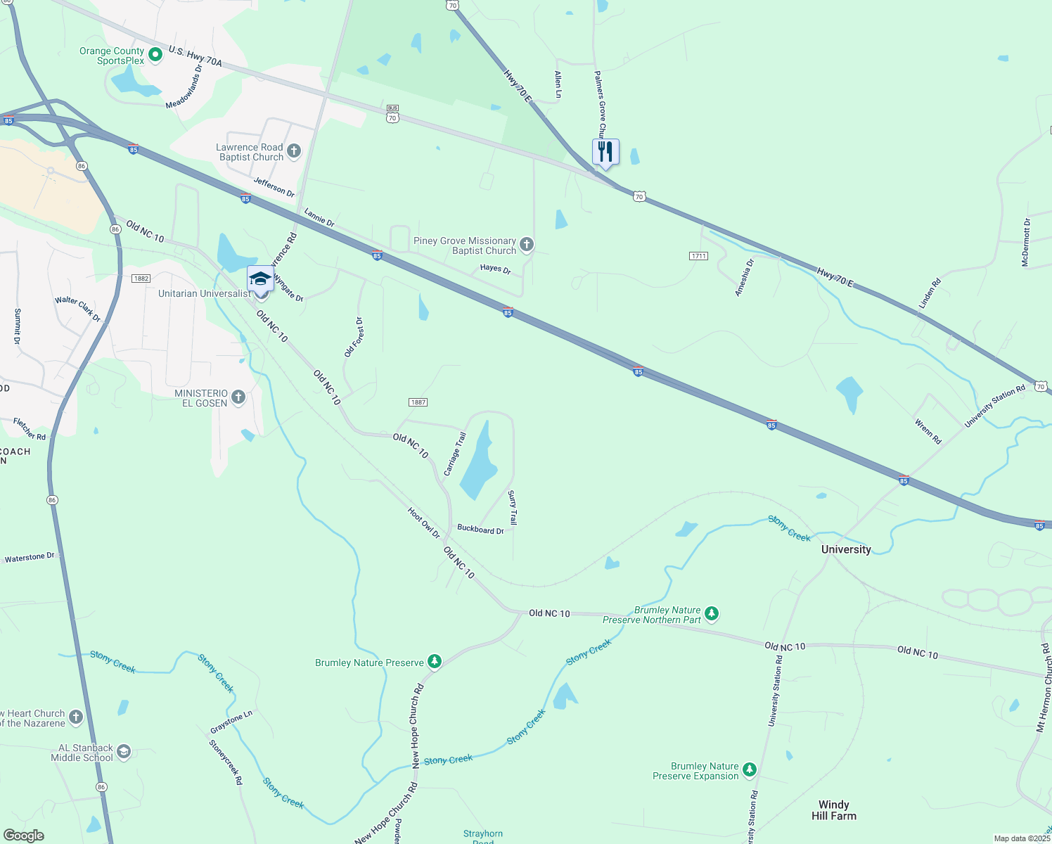 map of restaurants, bars, coffee shops, grocery stores, and more near 3212 Carriage Trail in Hillsborough