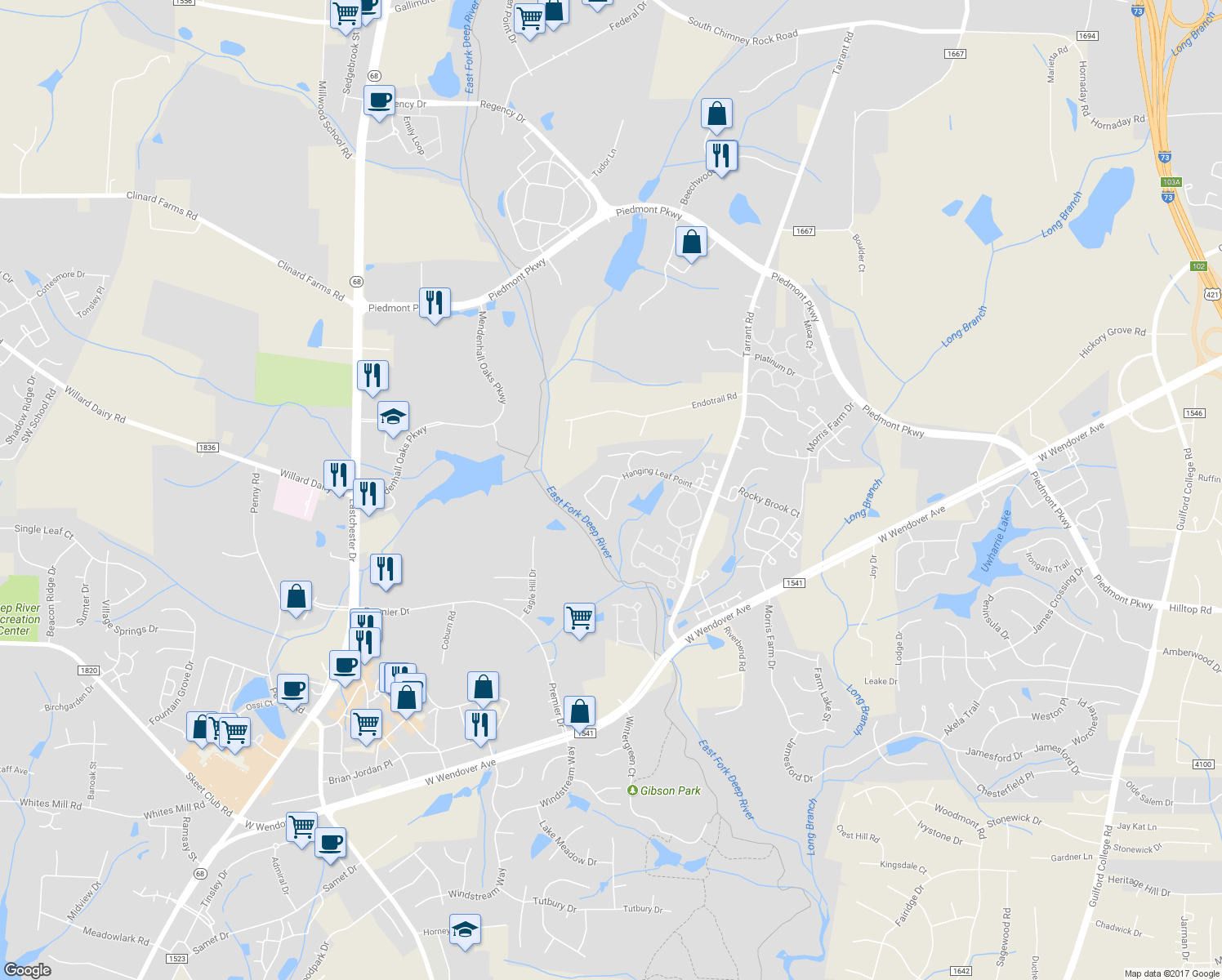 map of restaurants, bars, coffee shops, grocery stores, and more near 3623 Sainsbury Lane in Greensboro