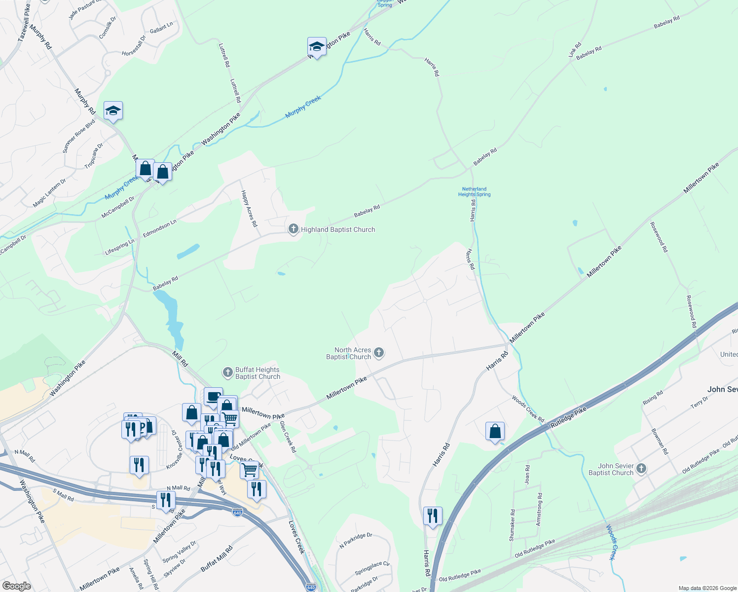 map of restaurants, bars, coffee shops, grocery stores, and more near 2759 Lakin Road in Knoxville