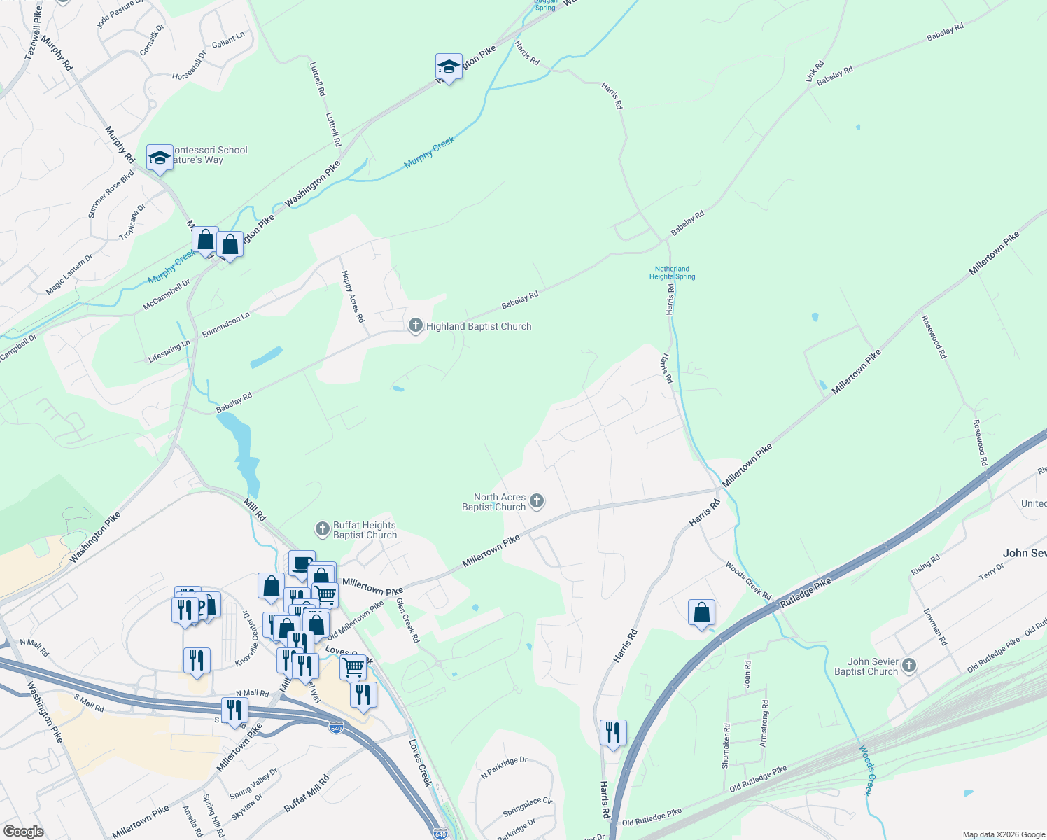 map of restaurants, bars, coffee shops, grocery stores, and more near 2759 Lakin Road in Knoxville