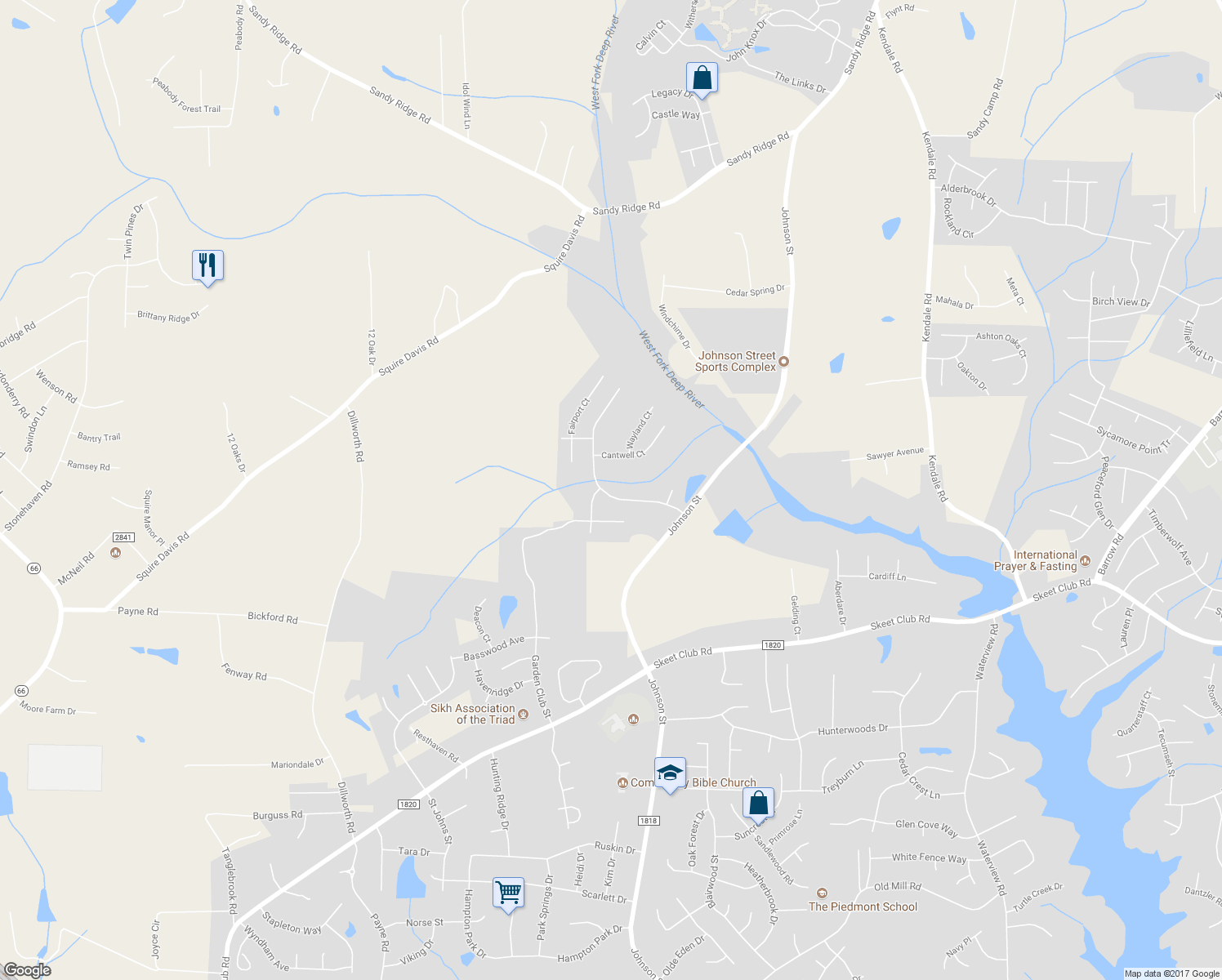map of restaurants, bars, coffee shops, grocery stores, and more near 1535 Pondhaven Drive in High Point