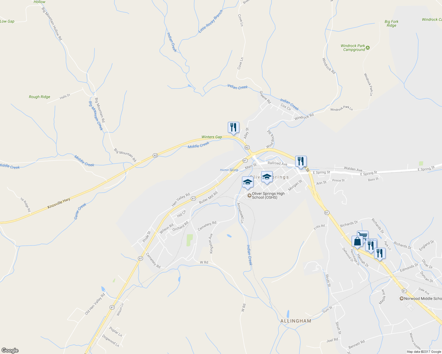 map of restaurants, bars, coffee shops, grocery stores, and more near 517 Hen Valley Road in Oliver Springs
