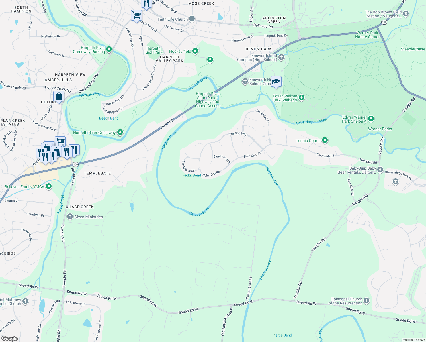 map of restaurants, bars, coffee shops, grocery stores, and more near 2932 Polo Club Rd in Nashville