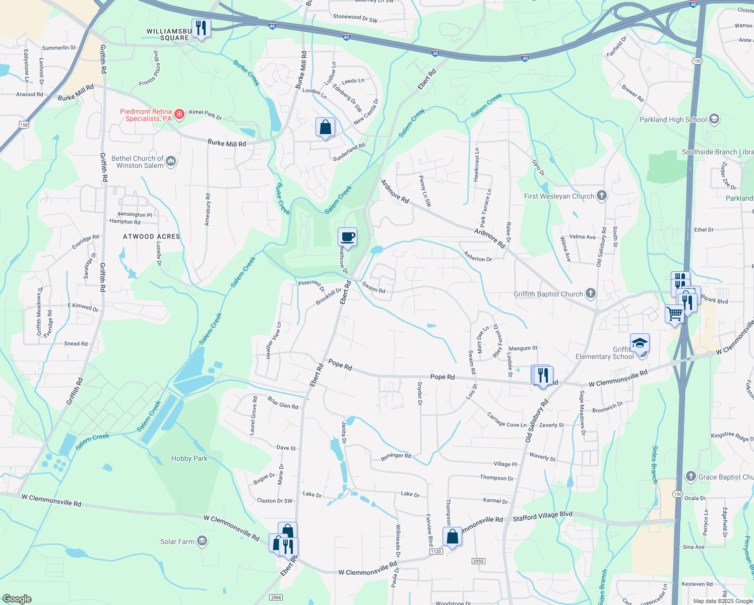 map of restaurants, bars, coffee shops, grocery stores, and more near 2032 Swaim Ridge Lane in Winston-Salem