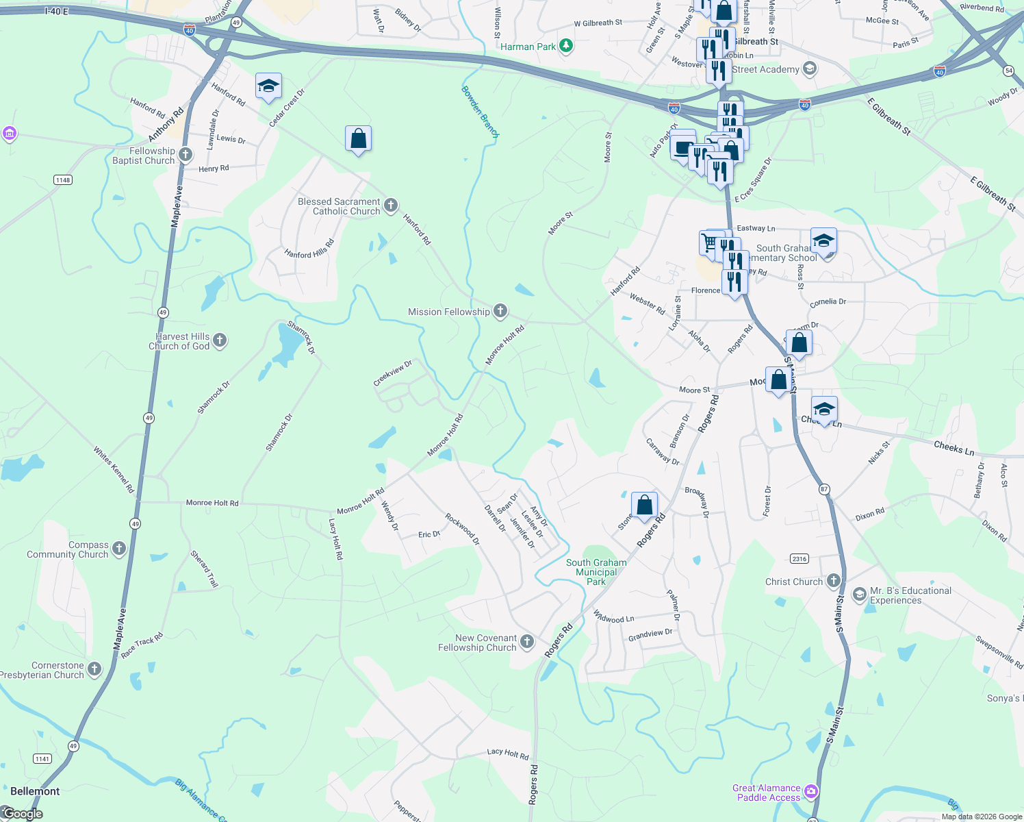 map of restaurants, bars, coffee shops, grocery stores, and more near 734 Aspenwood Dr in Graham
