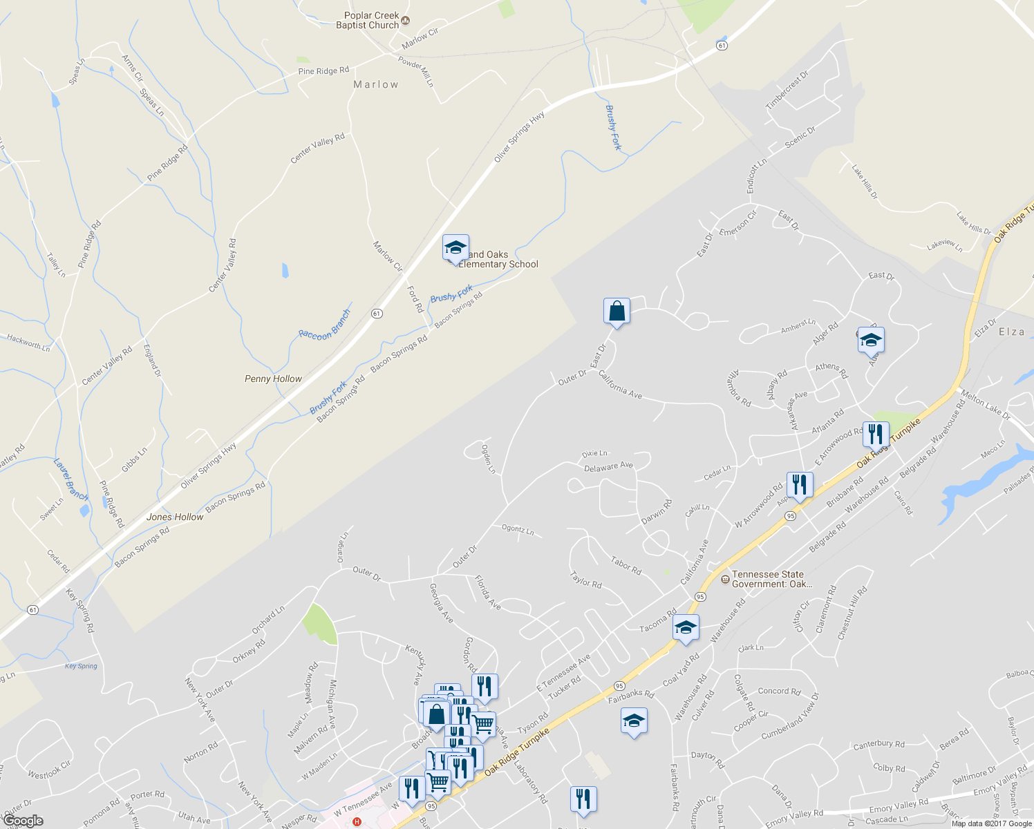 map of restaurants, bars, coffee shops, grocery stores, and more near 48 Outer Drive in Oak Ridge