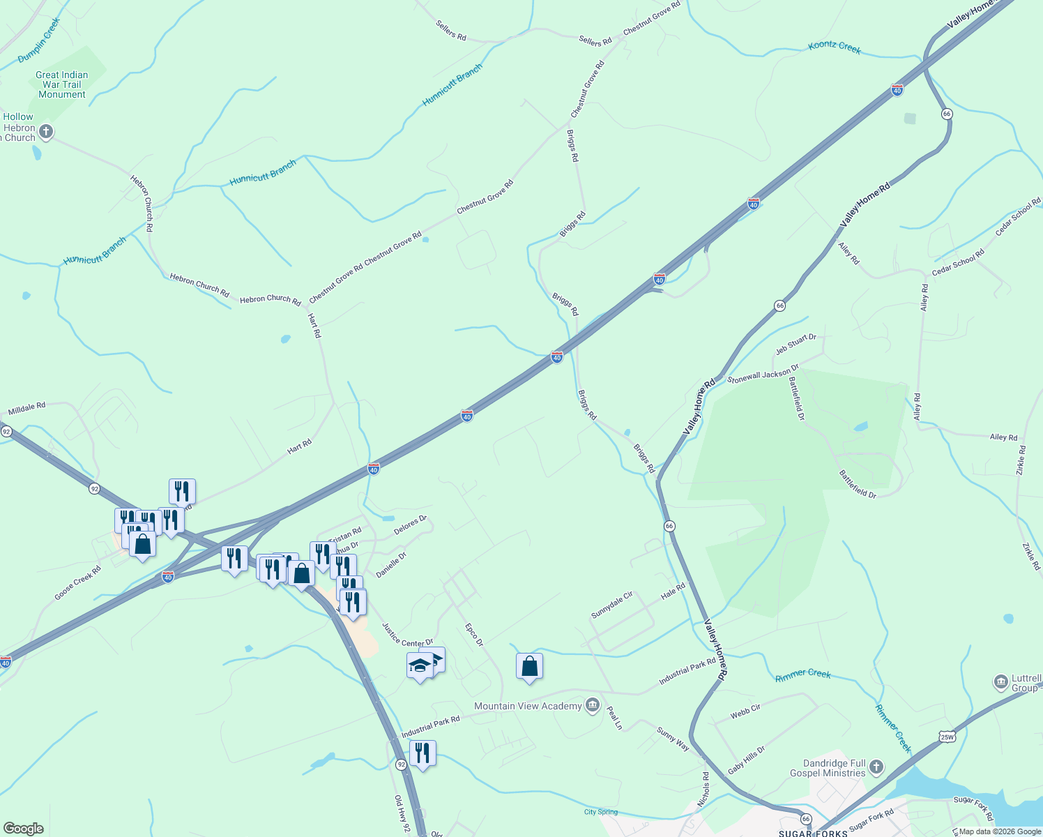 map of restaurants, bars, coffee shops, grocery stores, and more near 205 Vista View Court in Dandridge