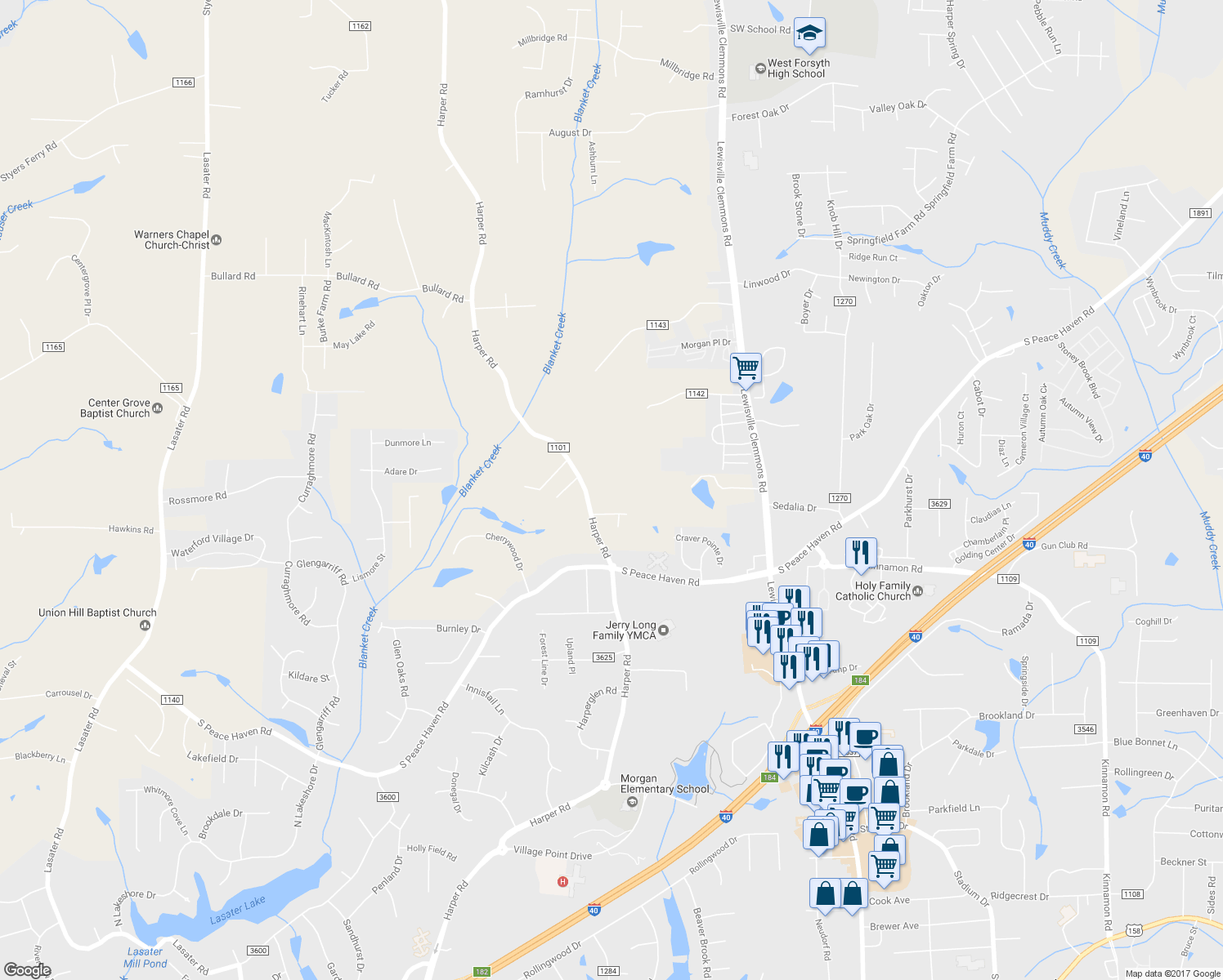 map of restaurants, bars, coffee shops, grocery stores, and more near 2797 Harper Road in Clemmons
