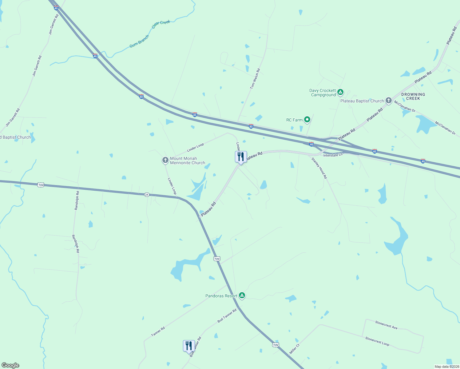 map of restaurants, bars, coffee shops, grocery stores, and more near 7535 Plateau Road in Crossville