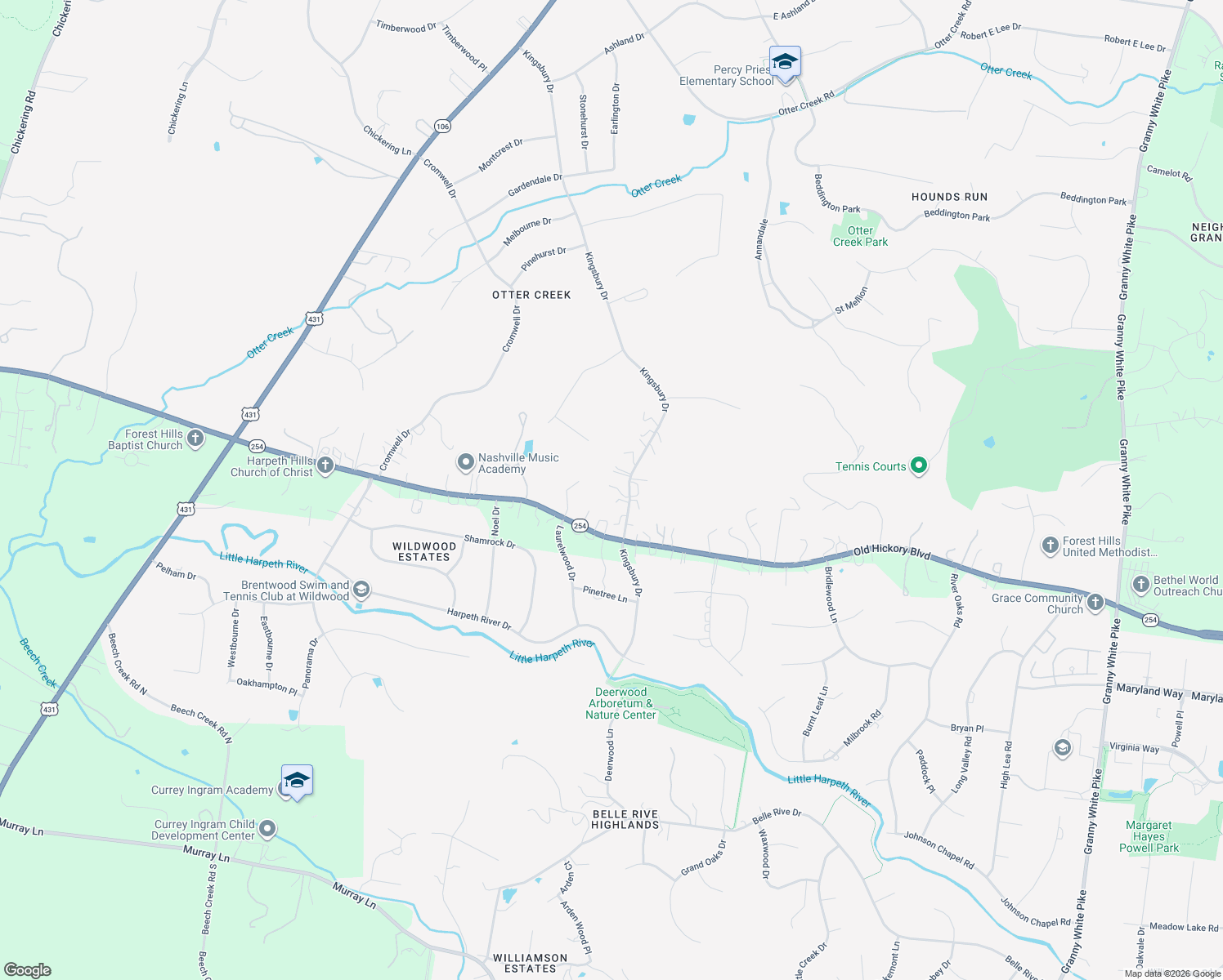 map of restaurants, bars, coffee shops, grocery stores, and more near 1705 Kingsbury Drive in Nashville
