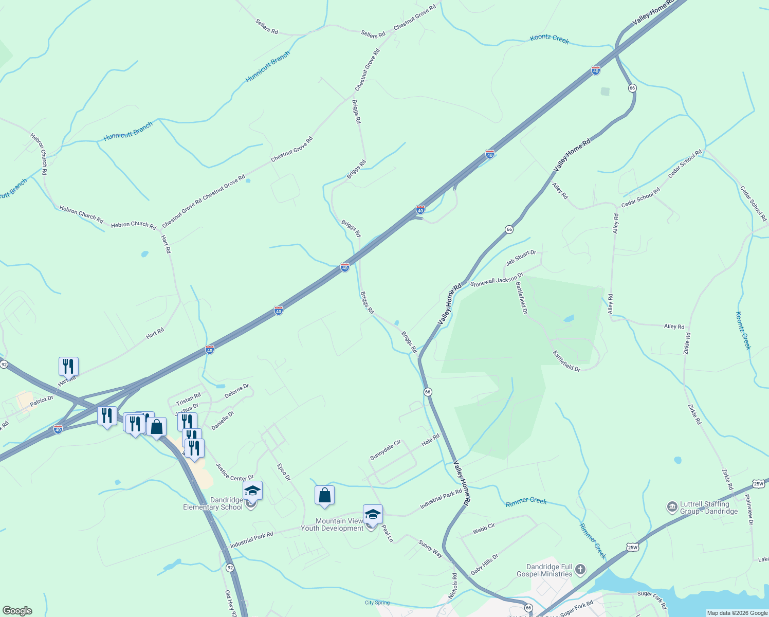 map of restaurants, bars, coffee shops, grocery stores, and more near 554 Briggs Rd in Dandridge