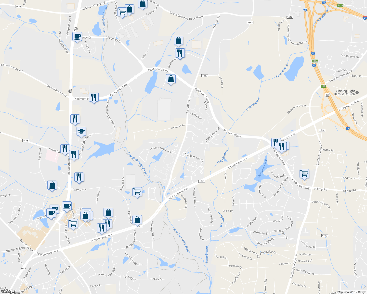 map of restaurants, bars, coffee shops, grocery stores, and more near 1225 Tarrant Road in Greensboro