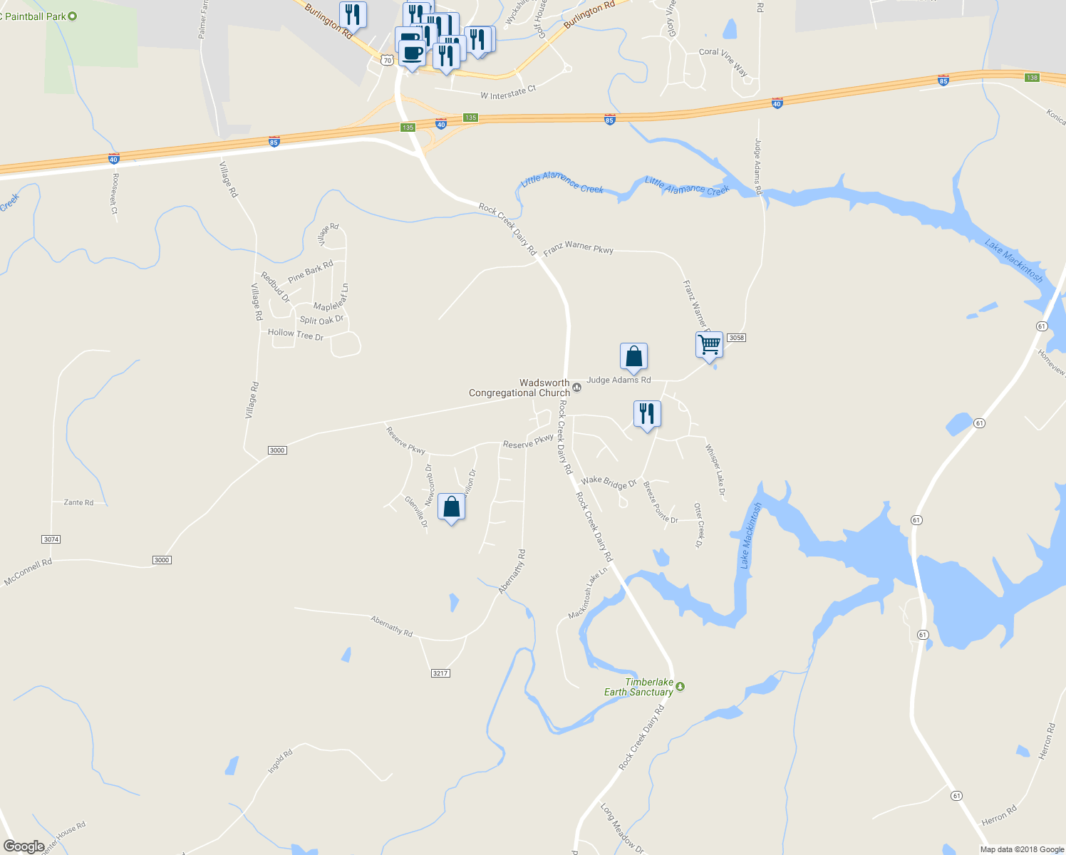 map of restaurants, bars, coffee shops, grocery stores, and more near 1928 Anders Court in Whitsett