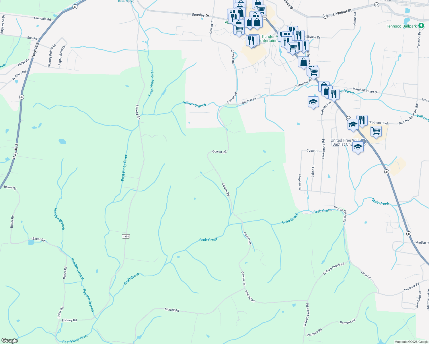map of restaurants, bars, coffee shops, grocery stores, and more near 1154 Cowan Road in Dickson