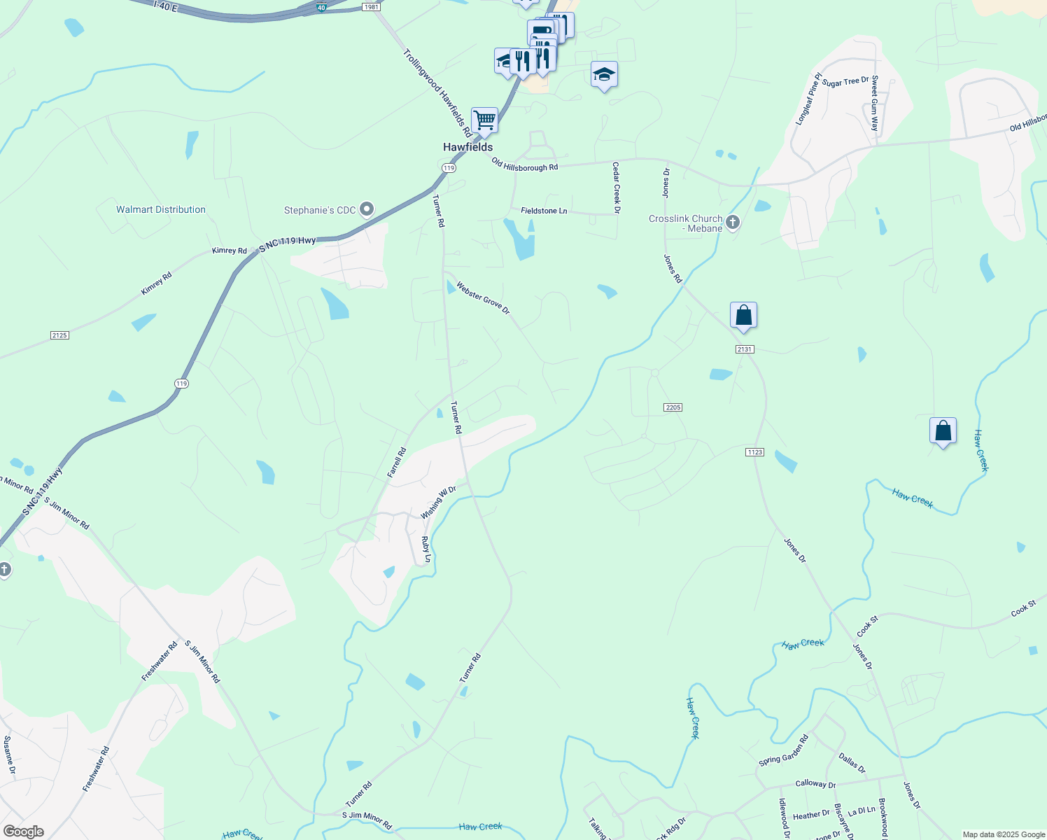 map of restaurants, bars, coffee shops, grocery stores, and more near 2268 Rock Bridge Drive in Mebane