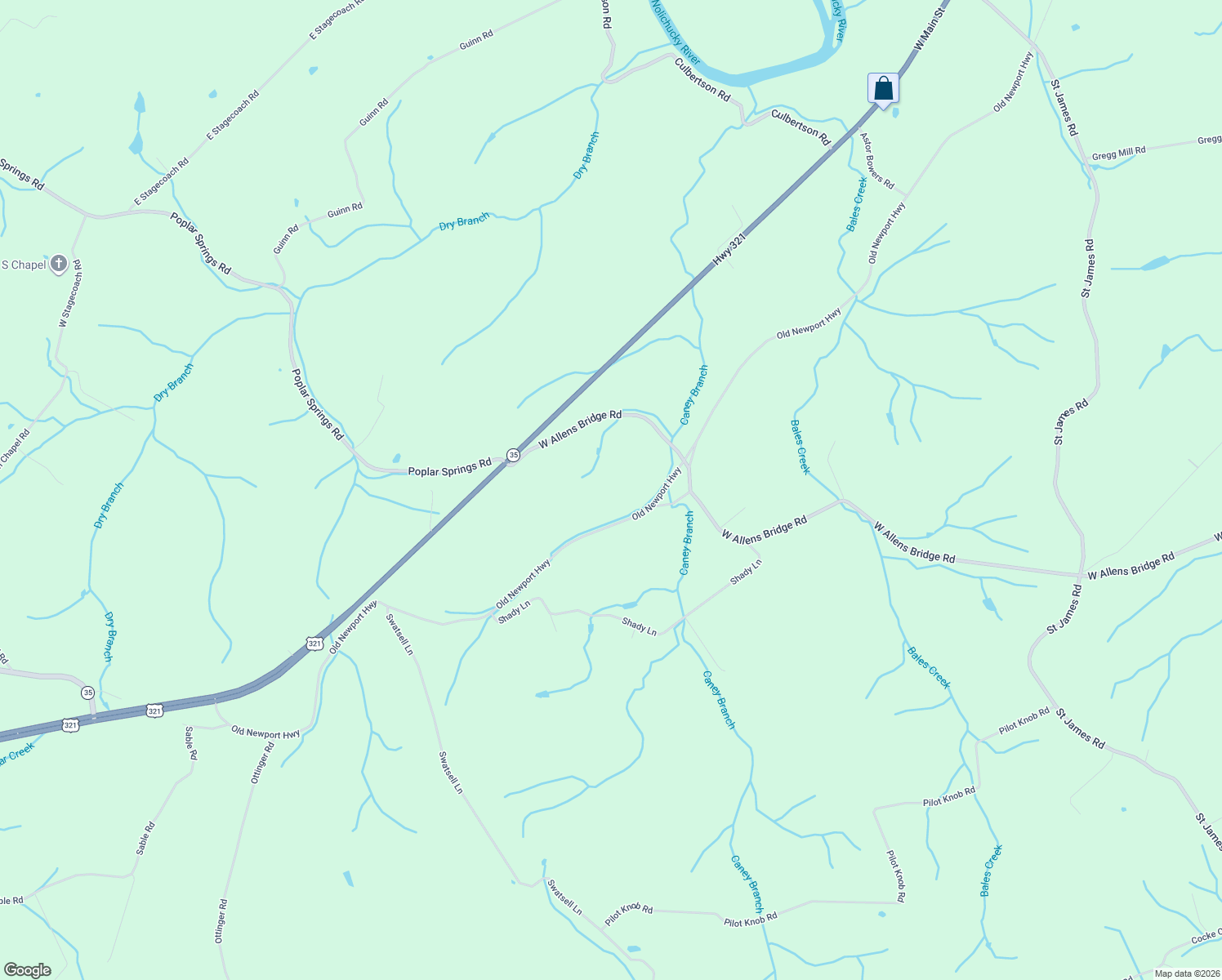 map of restaurants, bars, coffee shops, grocery stores, and more near 1950 Old Newport Highway in Greeneville