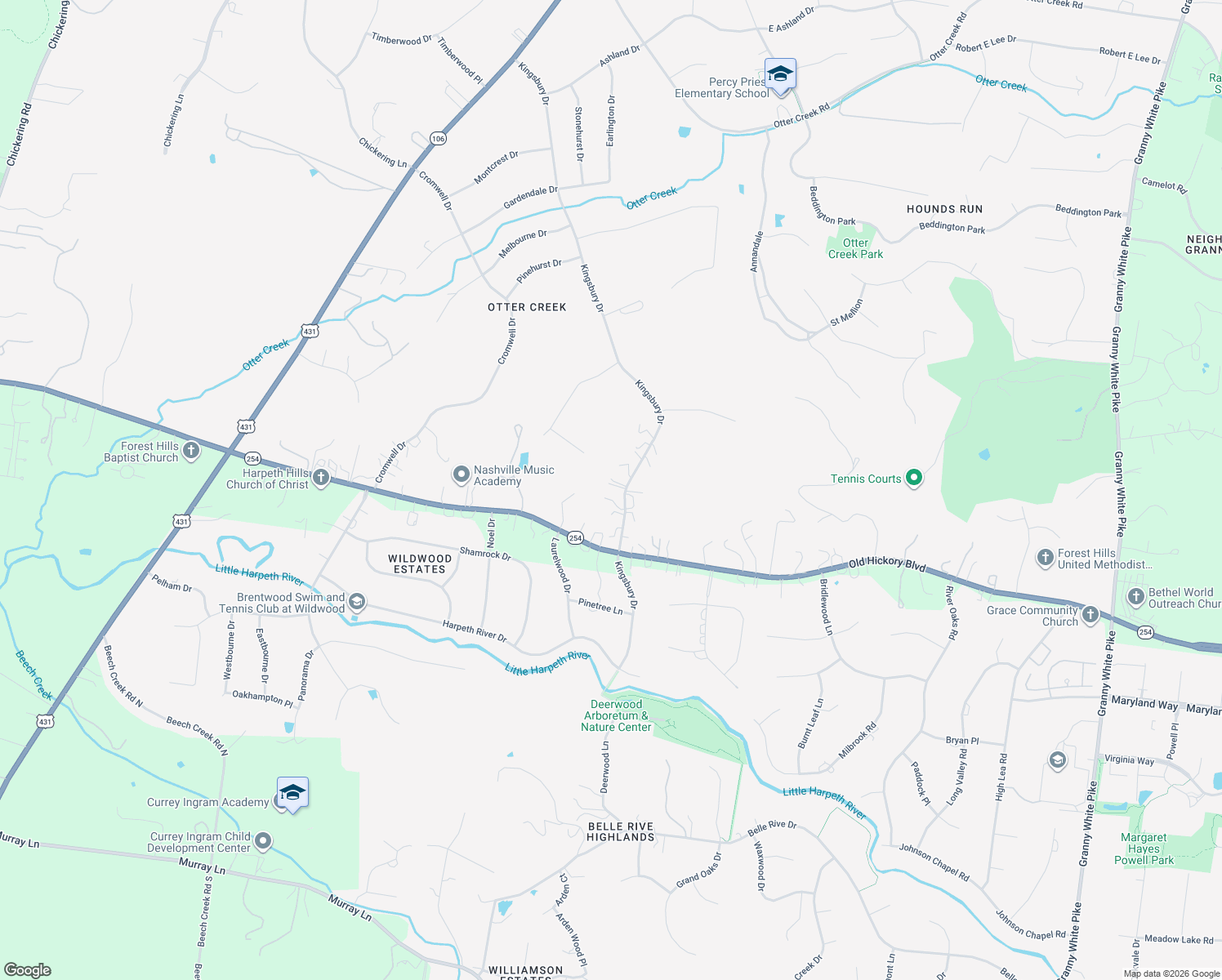 map of restaurants, bars, coffee shops, grocery stores, and more near 1705 Kingsbury Drive in Nashville