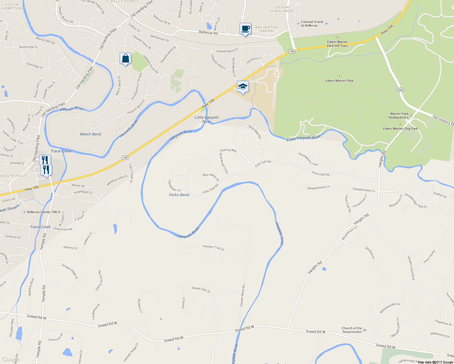 map of restaurants, bars, coffee shops, grocery stores, and more near 2913 Polo Club Road in Nashville
