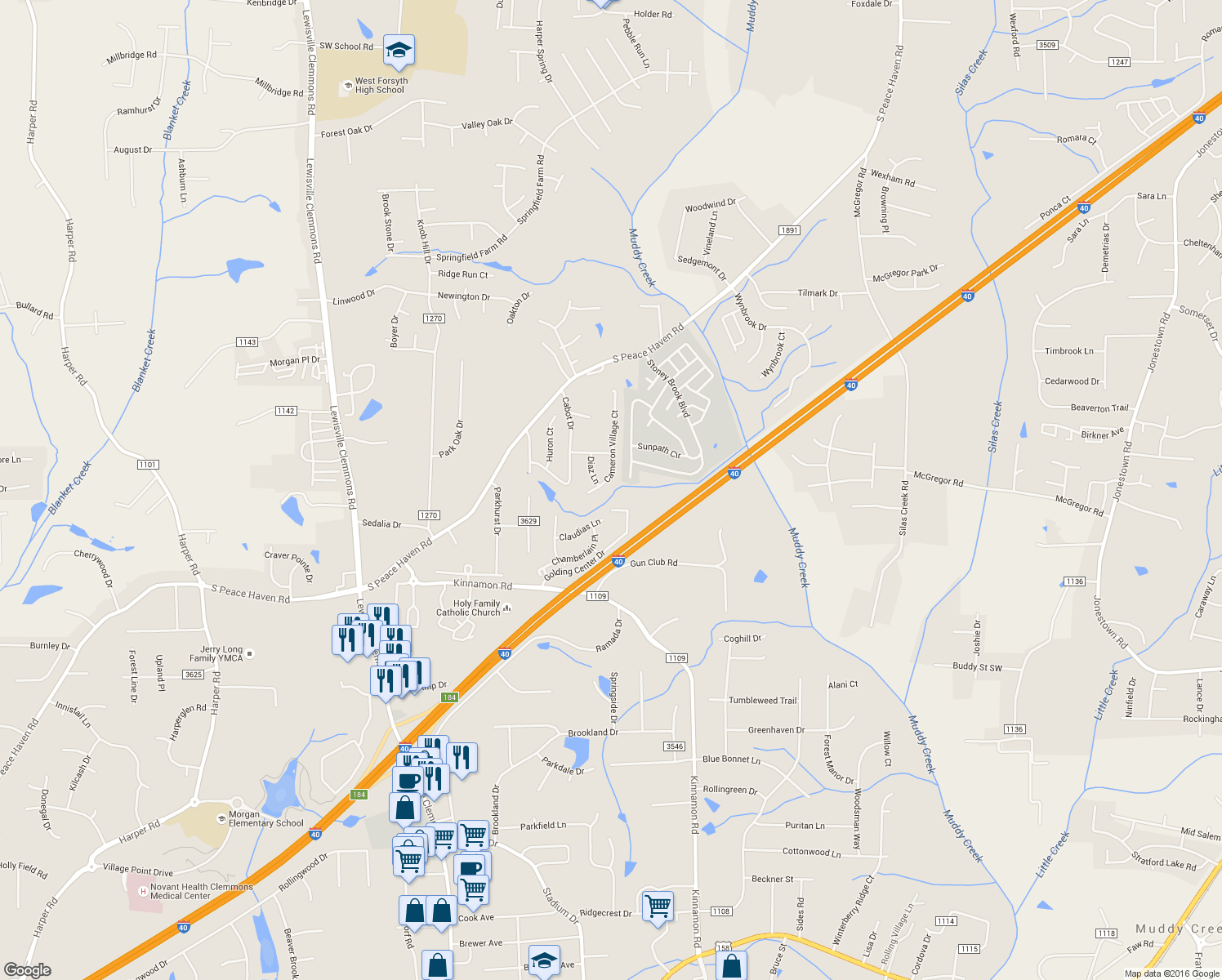 map of restaurants, bars, coffee shops, grocery stores, and more near 3052 Cameron Village Court in Winston-Salem
