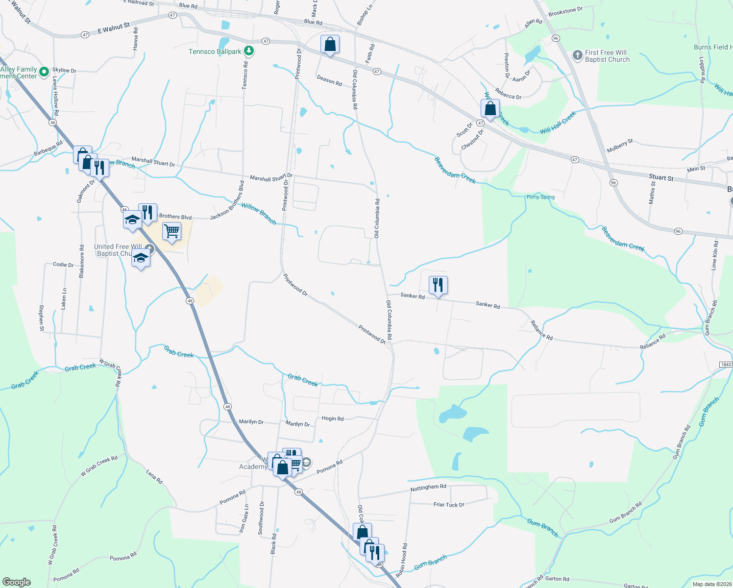 map of restaurants, bars, coffee shops, grocery stores, and more near 1635 Old Columbia Road in Dickson