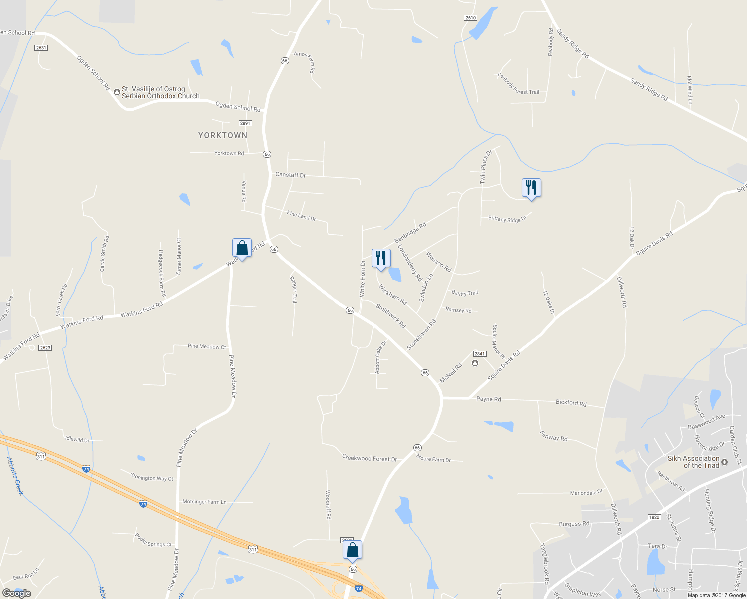 map of restaurants, bars, coffee shops, grocery stores, and more near 2407 Smithwick Road in Kernersville