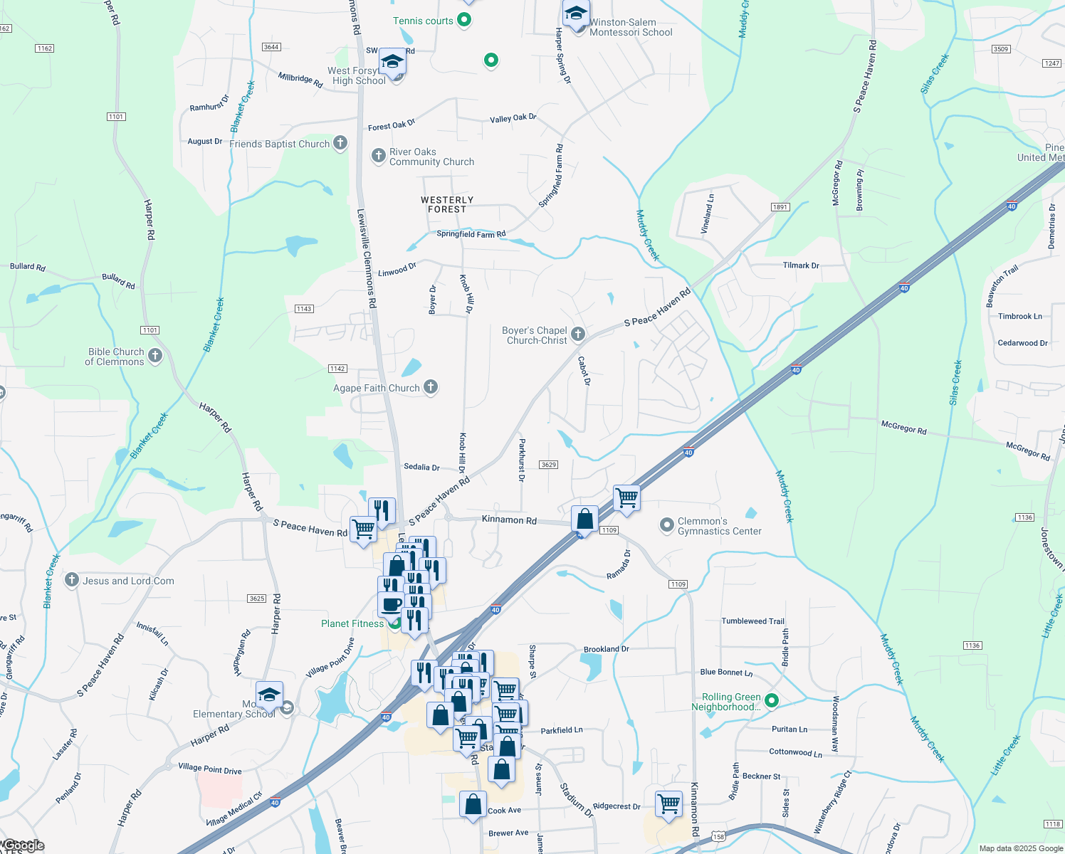 map of restaurants, bars, coffee shops, grocery stores, and more near 873 S Peace Haven Rd in Winston-Salem