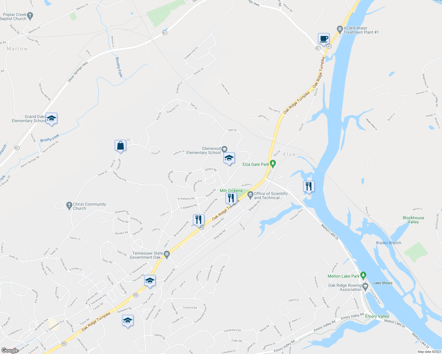 map of restaurants, bars, coffee shops, grocery stores, and more near 134 Athens Road in Oak Ridge