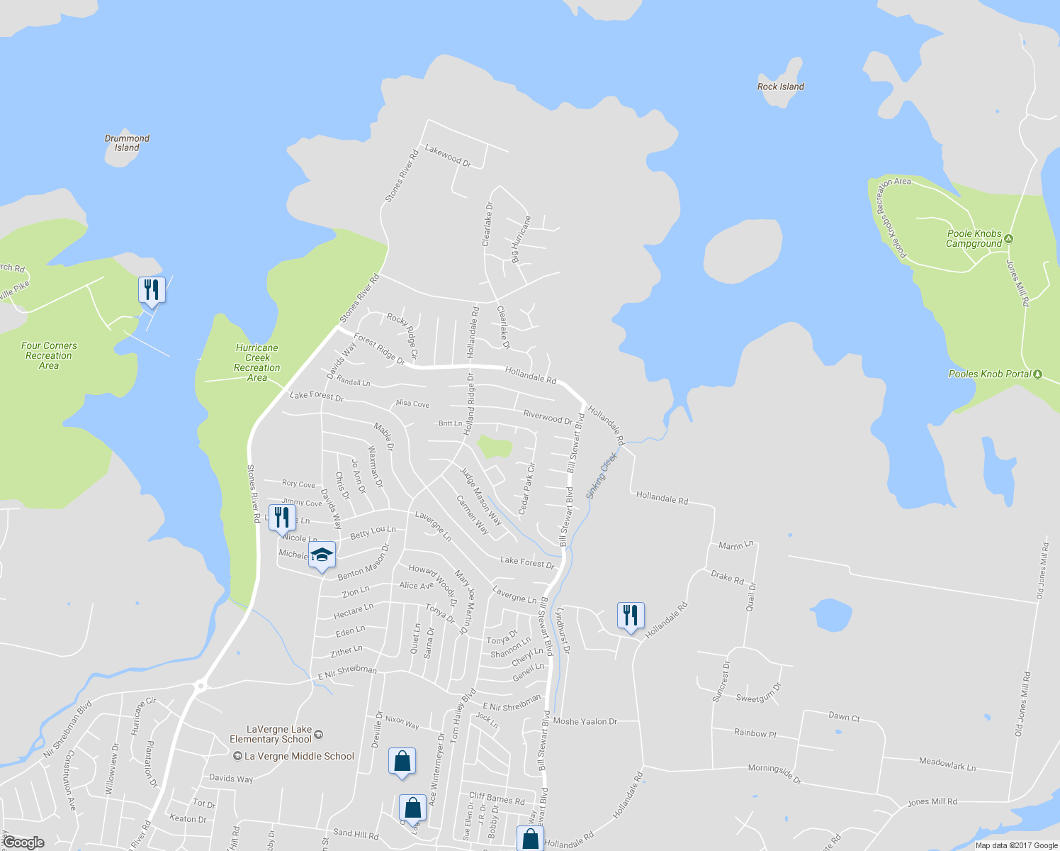 map of restaurants, bars, coffee shops, grocery stores, and more near 406 Cedar Park Circle in La Vergne