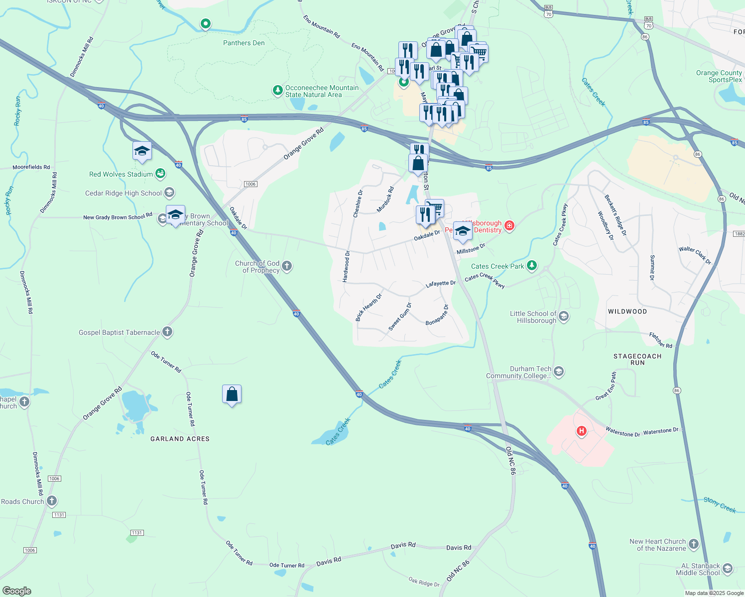 map of restaurants, bars, coffee shops, grocery stores, and more near 2507 Brick Hearth Drive in Hillsborough