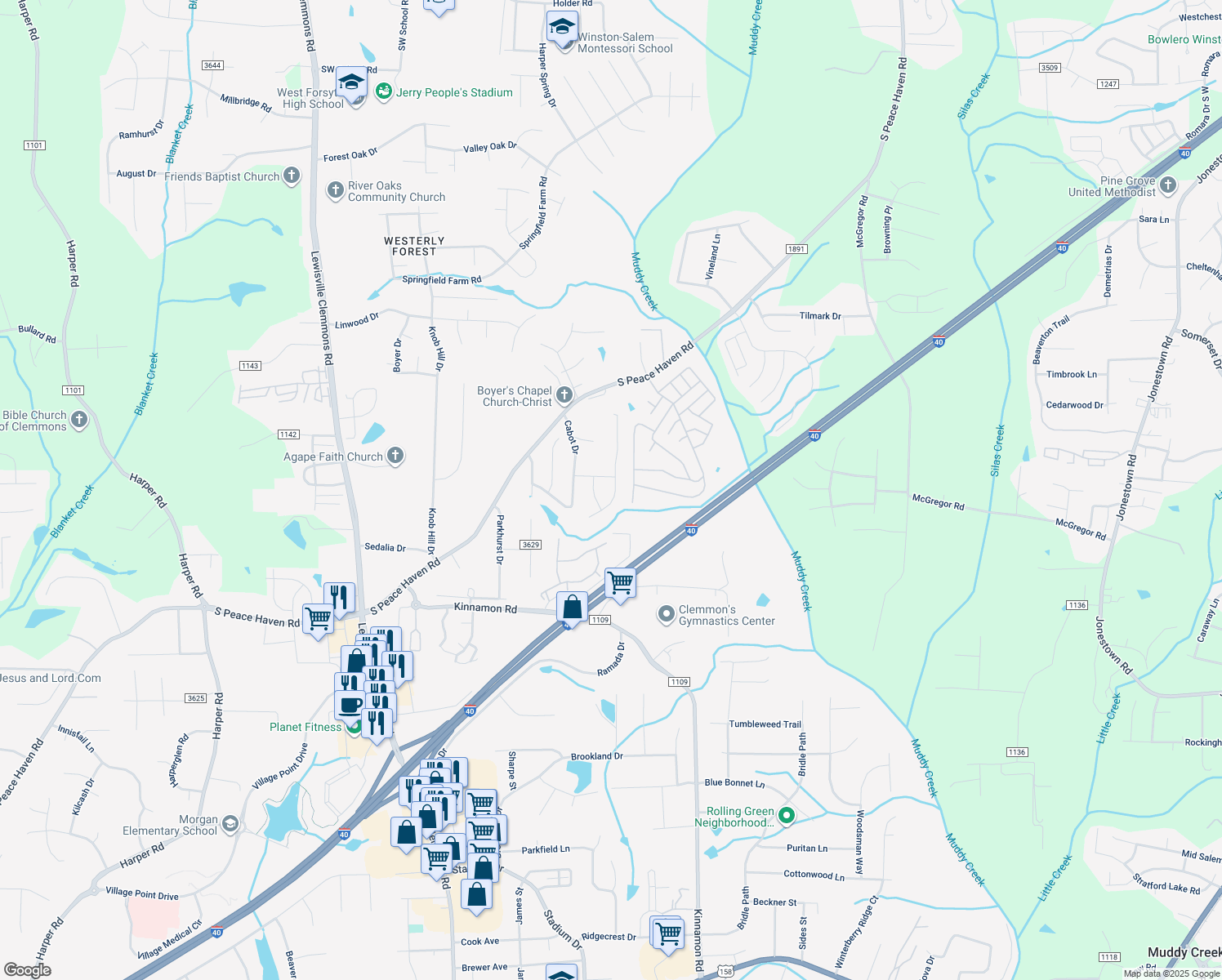 map of restaurants, bars, coffee shops, grocery stores, and more near 3021 Cameron Village Court in Winston-Salem