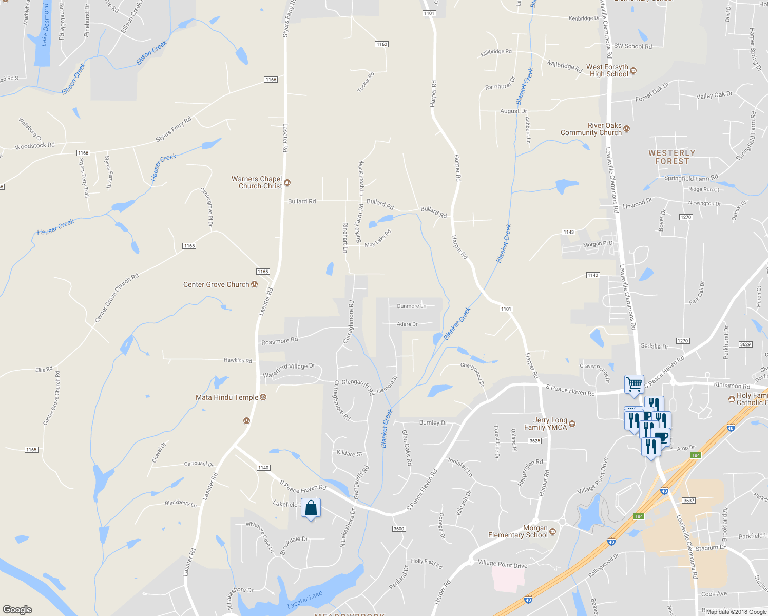 map of restaurants, bars, coffee shops, grocery stores, and more near 8535 Lismore Street in Clemmons