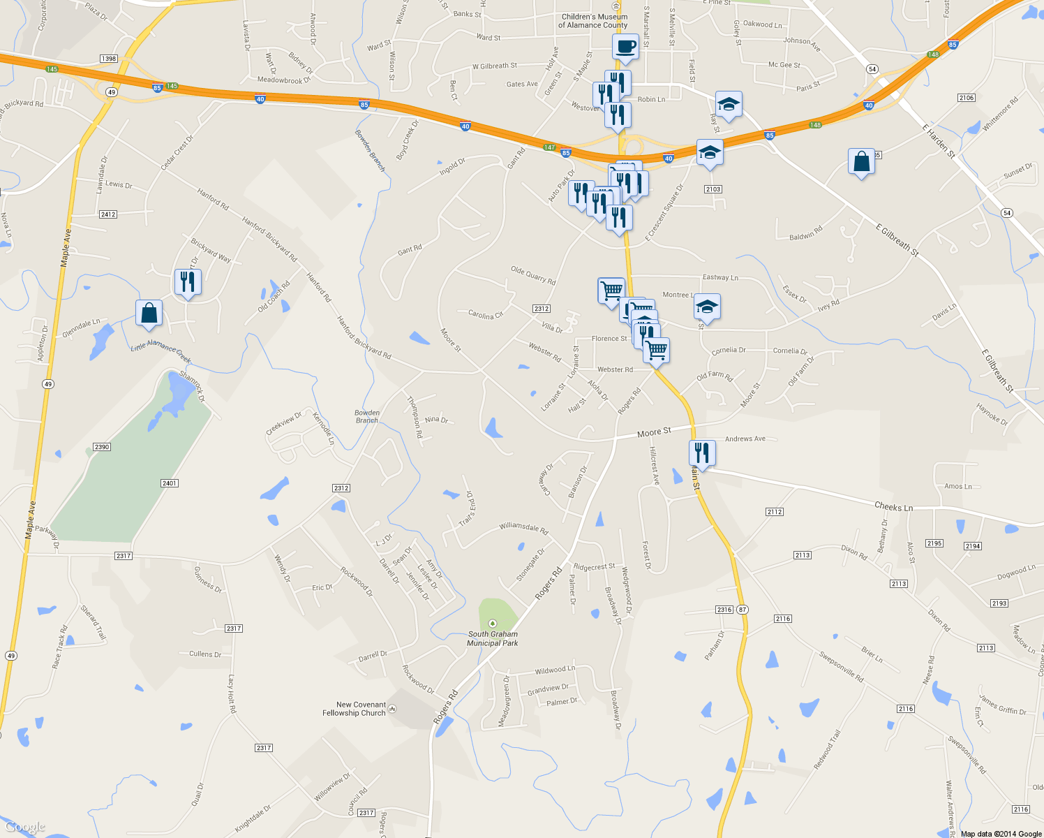 map of restaurants, bars, coffee shops, grocery stores, and more near 364 W Moore St in Graham