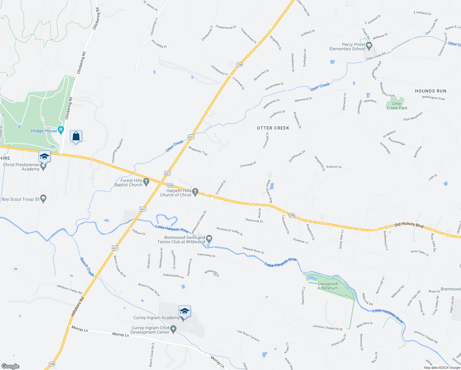 map of restaurants, bars, coffee shops, grocery stores, and more near 1812 Cromwell Drive in Nashville