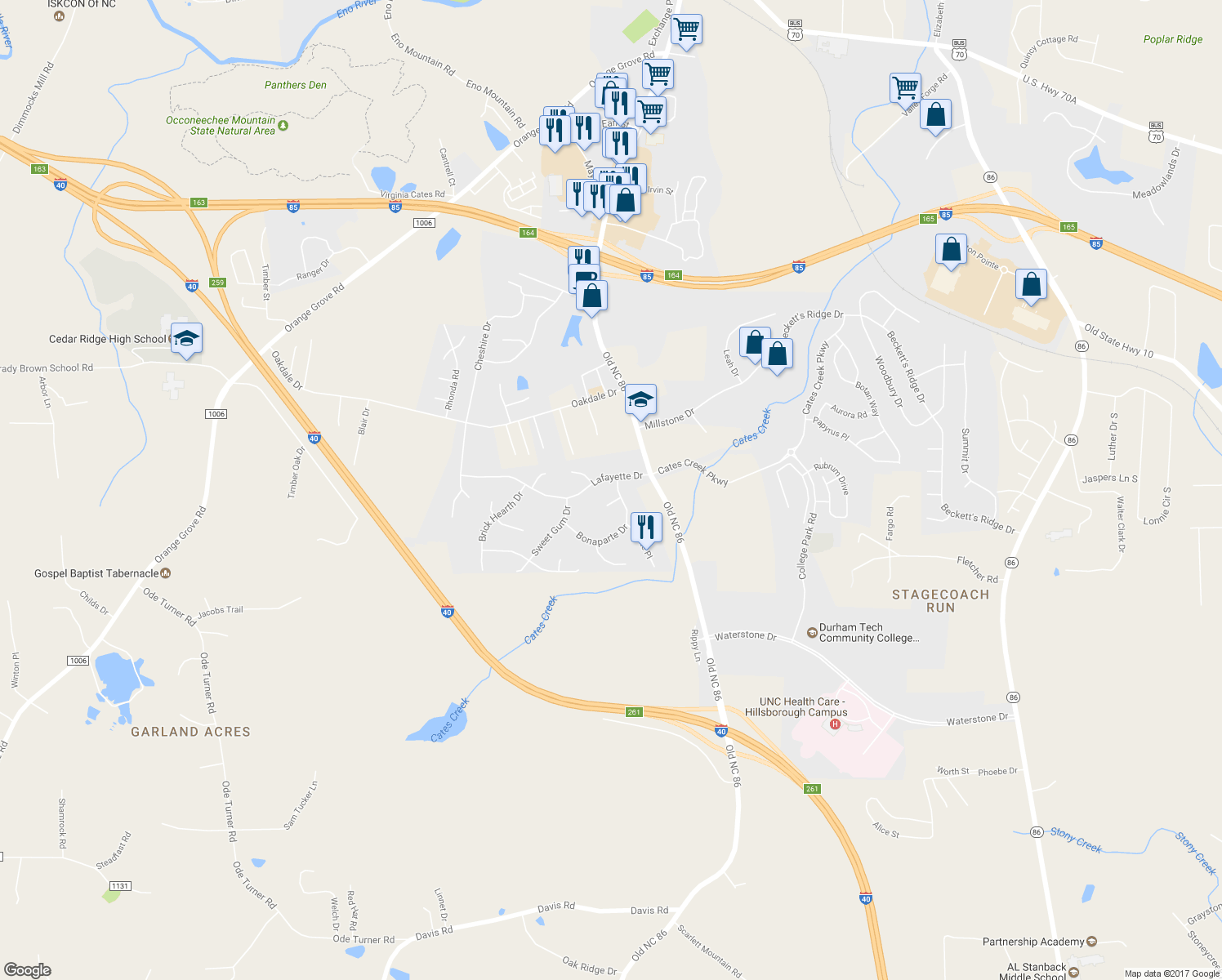 map of restaurants, bars, coffee shops, grocery stores, and more near 103 Bonaparte Drive in Hillsborough