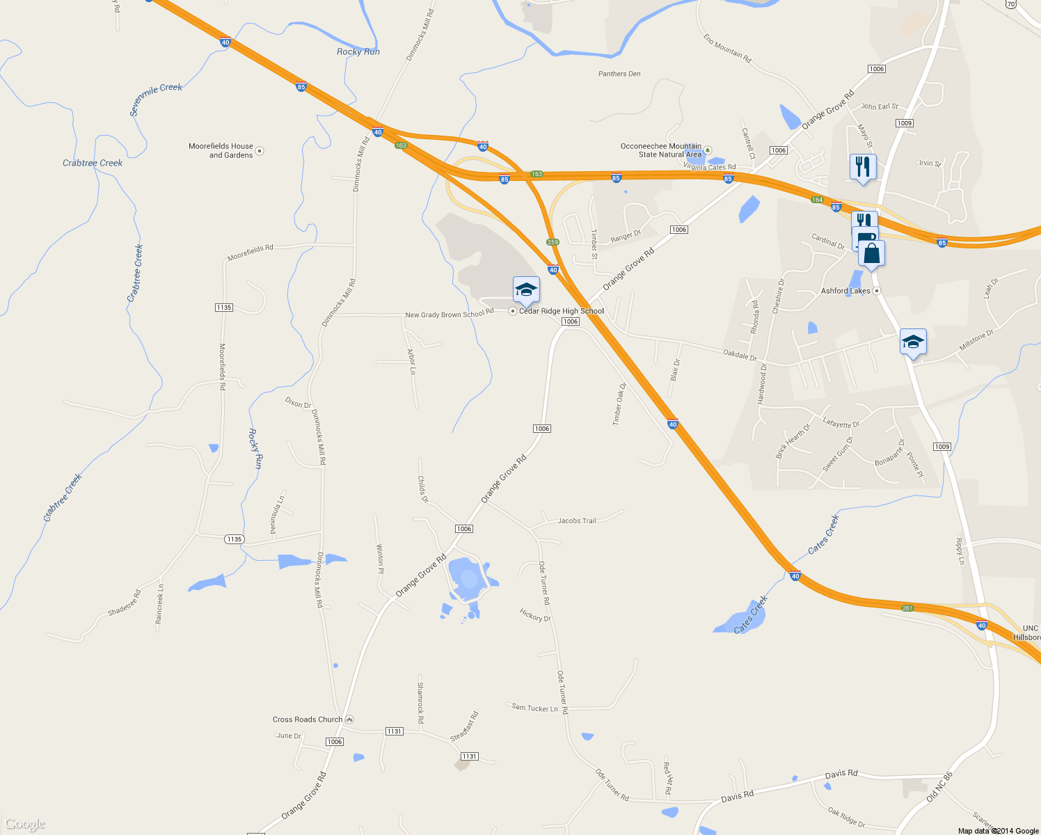 map of restaurants, bars, coffee shops, grocery stores, and more near 2517 Orange Grove Rd in Hillsborough