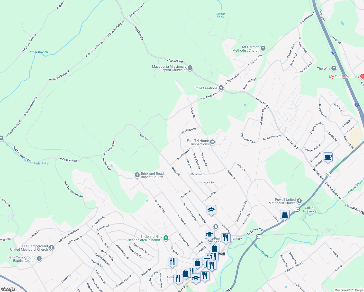 map of restaurants, bars, coffee shops, grocery stores, and more near 8327 Whippoorwill Dr in Powell