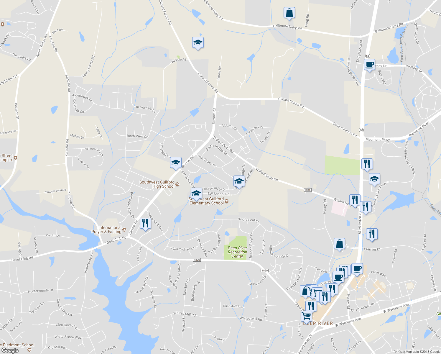 map of restaurants, bars, coffee shops, grocery stores, and more near 3569 Bent Trace Drive in High Point